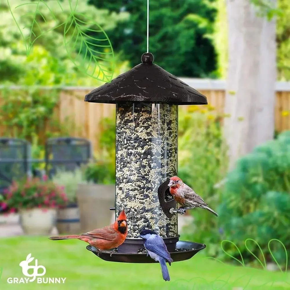 Gray Bunny Metal Bird Feeders for Outdoors Hanging, 2-Port, Large Capacity